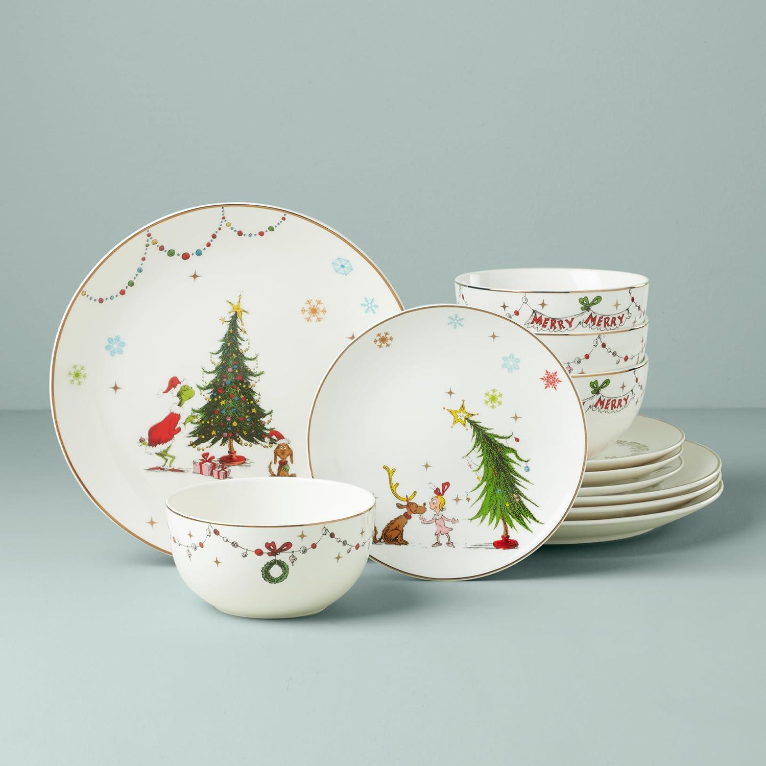 imageLenox 895051 Merry Grinchmas 12Piece Dinnerware Set Green 12 Count Christmas Holiday Hosting