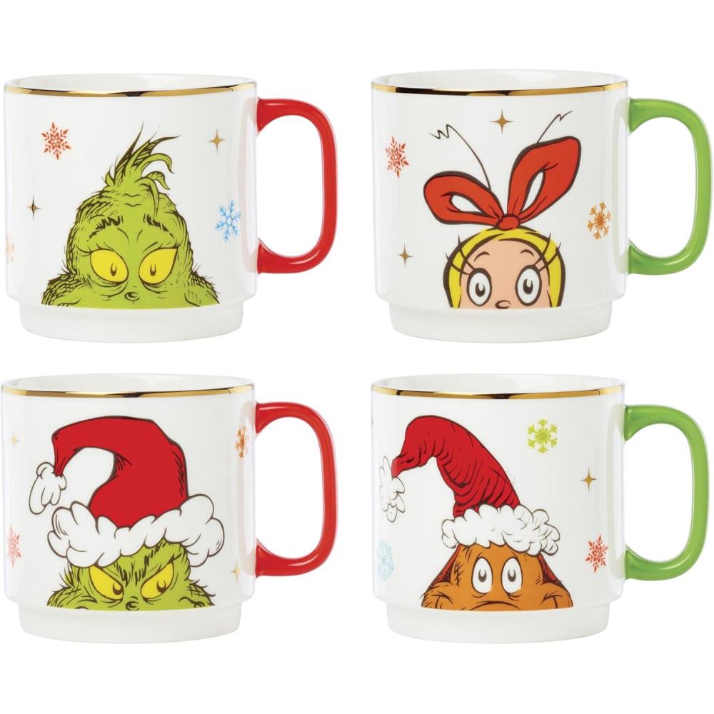 imageLenox 898097 Merry Grinchmas Stackable Mugs Service For 4 Assorted Christmas Drinkware Set Holiday Glasses