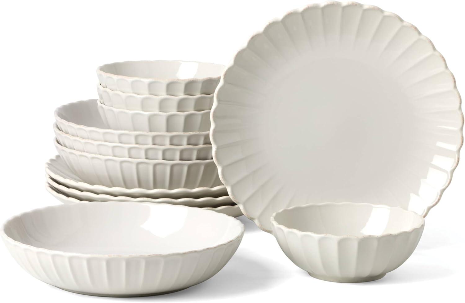 imageLenox Dinnerware Set French Perle Scallop White 12Piece Set Service For 4 Stoneware Dishwasher Safe Microwave Safe Plates and Bowls sets Dish Set Plate Set Home And Kitchen White 12 Piece