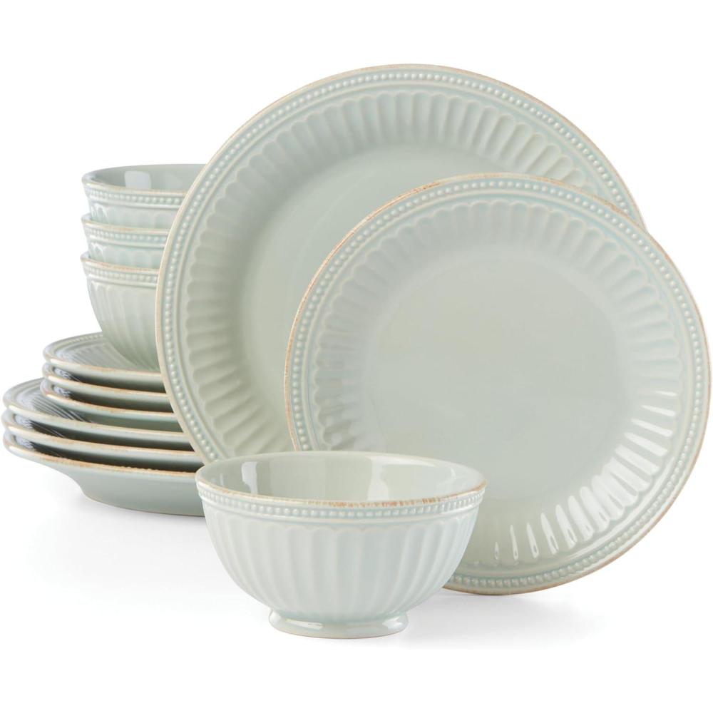 imageLenox 870009 French Perle Groove 12Piece Plate ampamp Bowl Set Blue2305 LB