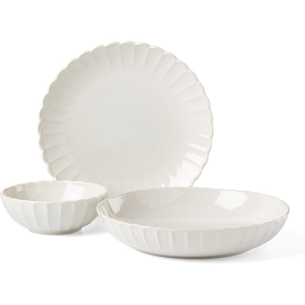imageLenox Dinnerware Set French Perle Scallop White 12Piece Set Service For 4 Stoneware Dishwasher Safe Microwave Safe Plates and Bowls sets Dish Set Plate Set Home And Kitchen White 12 Piece