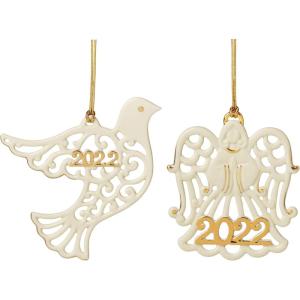 imageLenox 894401 2022 Pierced Wreath ampamp Tree Ornaments Set of 2 Ivory Christmas OrnamentDove