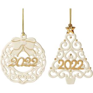 imageLenox 894401 2022 Pierced Wreath ampamp Tree Ornaments Set of 2 Ivory Christmas OrnamentWreath