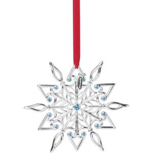imageLenox Ornament 2025 Snow Majesty Silverplate Ornament Stainless Steel Christmas Tree Decoration Snowflake Design Blue Jeweled Accents Red Ribbon for Hanging Christmas DecorationSilver 1 Piece