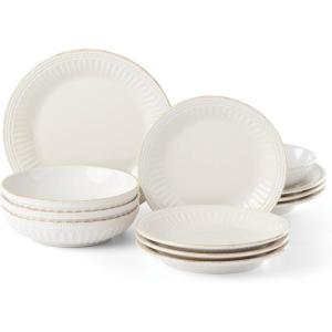 image:imageLenox Dinnerware Sets French Perle Groove White 24Piece Dinnerware Set Service For 8 Stoneware Dishwasher Safe Microwave Safe Bowls Plates And Bowls Dinner Dishes Plates White 24 Piece12Piece Place Setting  Pasta Bowl