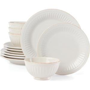 image:imageLenox Dinnerware Sets French Perle Groove White 24Piece Dinnerware Set Service For 8 Stoneware Dishwasher Safe Microwave Safe Bowls Plates And Bowls Dinner Dishes Plates White 24 Piece12Piece Place Setting